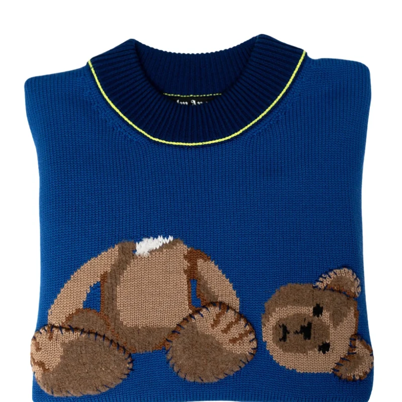 Teddy Bear Embroidered Wool Knit Sweater Blue